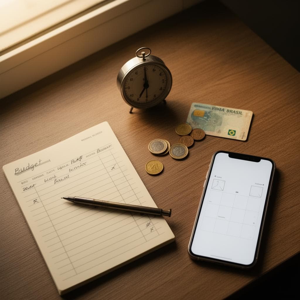 Mesa de madeira com caderno de orçamento aberto, timer de cozinha, moedas, cartão bancário e um celular exibindo um painel genérico, sob luz natural suave.