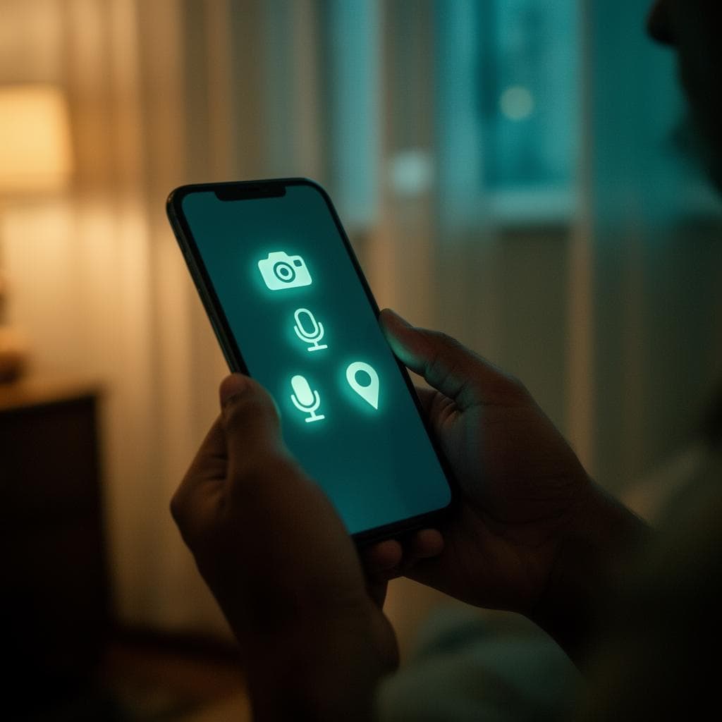 Mãos segurando um celular com ícones de permissões (câmera, microfone e localização) na tela, em um ambiente doméstico iluminado ao entardecer.
