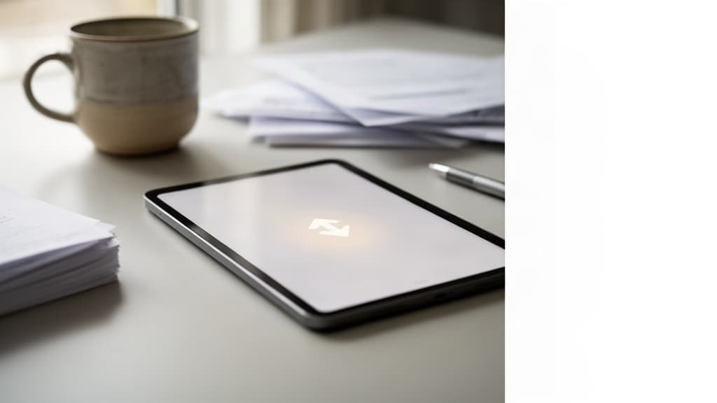 Uma foto editorial minimalista de um espaço de trabalho digital com uma tela exibindo um ícone sutil de desfazer, simbolizando controle e recuperação em interfaces autônomas.