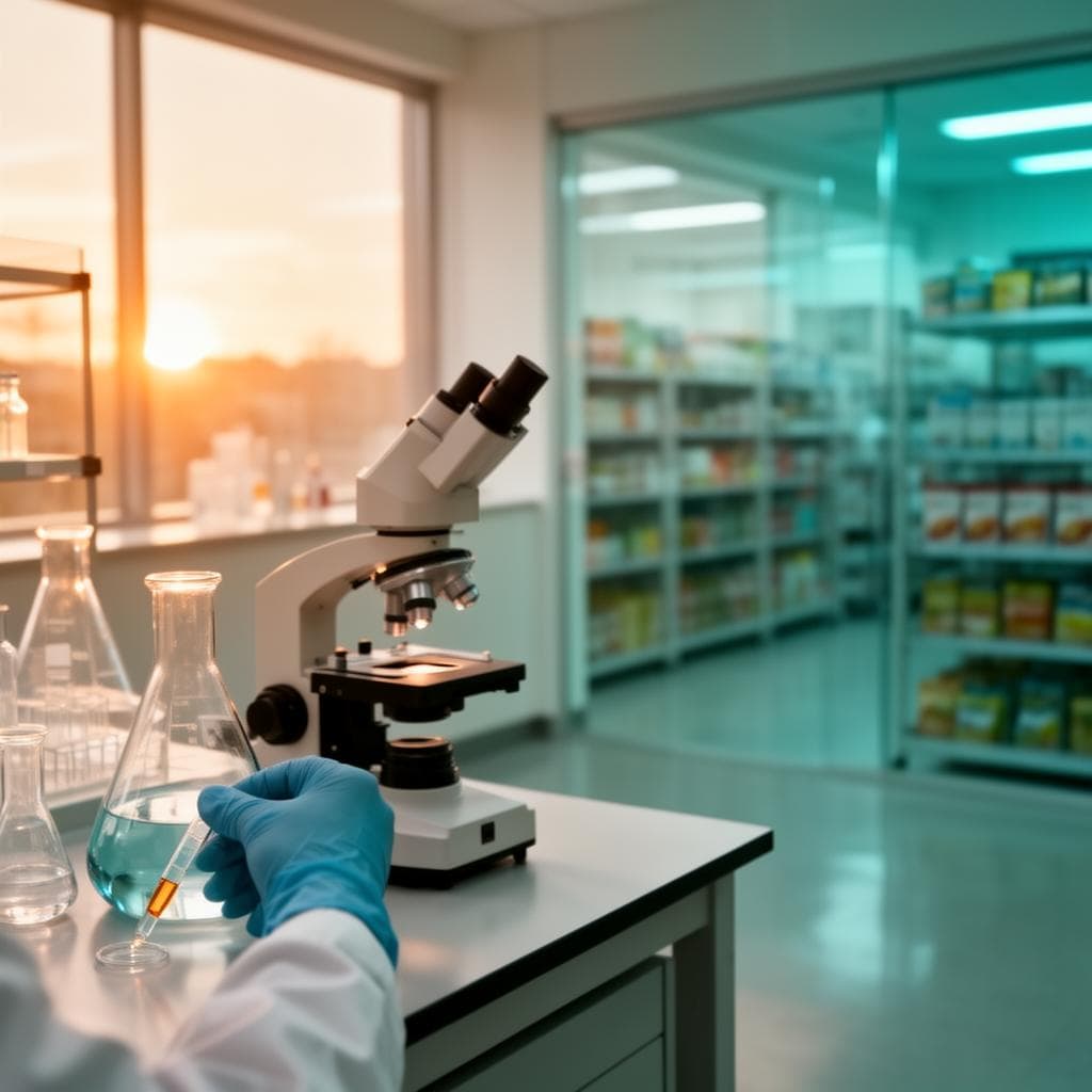 Mao de pesquisador com luva manipula uma amostra em bancada de laboratorio, com prateleiras de produtos desfocadas ao fundo, sugerindo o caminho da ciencia ate a prateleira.