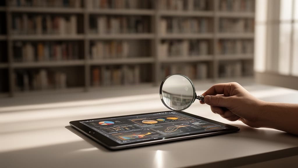 Mão segurando uma lupa sobre uma tablet com visualização de dados em um ambiente de escritório minimalista e iluminado