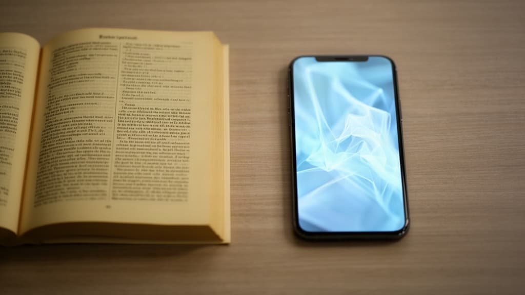 Mesa de trabalho com livro aberto ao lado de um smartphone emitindo luz azul, simbolizando a transição da pesquisa tradicional para a síntese de IA.