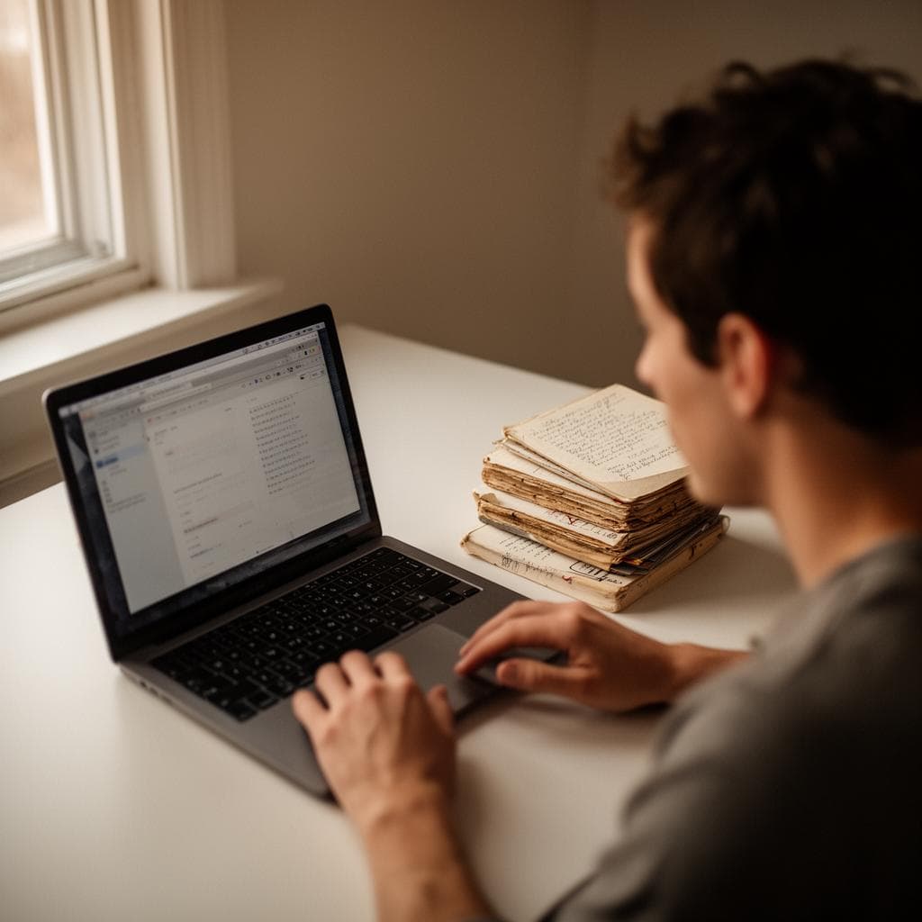 Pessoa de costas trabalha em um notebook ao lado de cadernos anotados à mão, com luz natural suave entrando pela janela