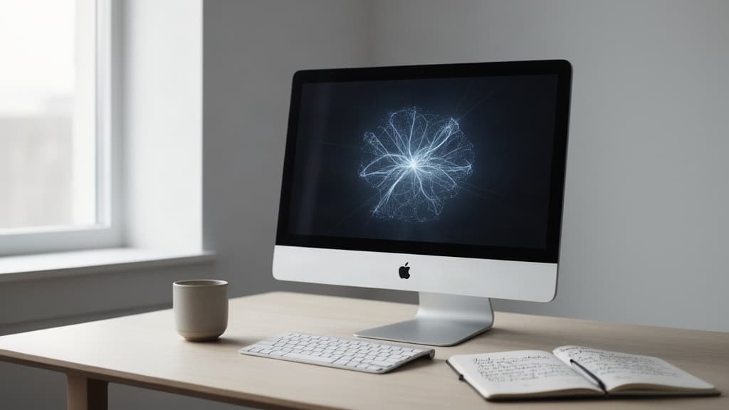 Computador portátil em uma mesa de trabalho moderna com luz natural suave, representando o processamento local de inteligência artificial sem conexão com a nuvem.