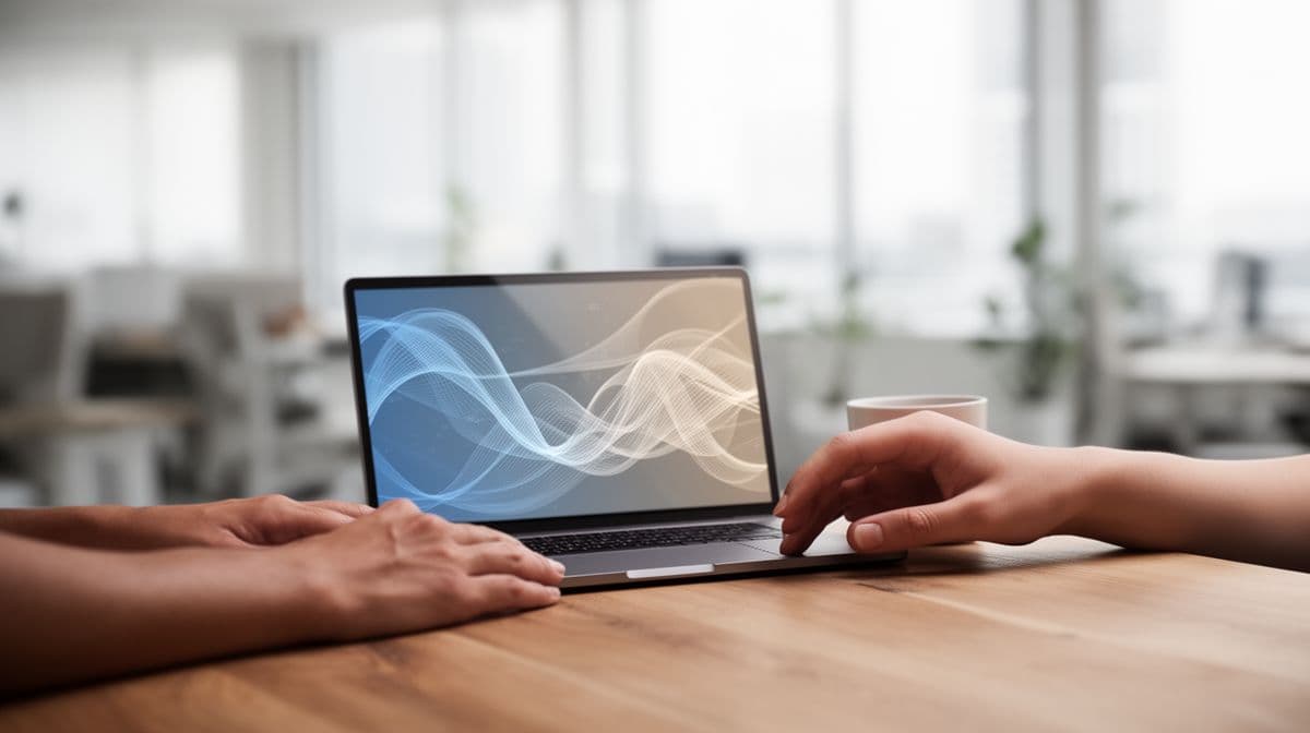 Mãos profissionais sobre uma mesa de trabalho com um laptop exibindo visualizações de dados abstratas, em um ambiente de escritório moderno e iluminado naturalmente, simbolizando a supervisão humana em sistemas de IA