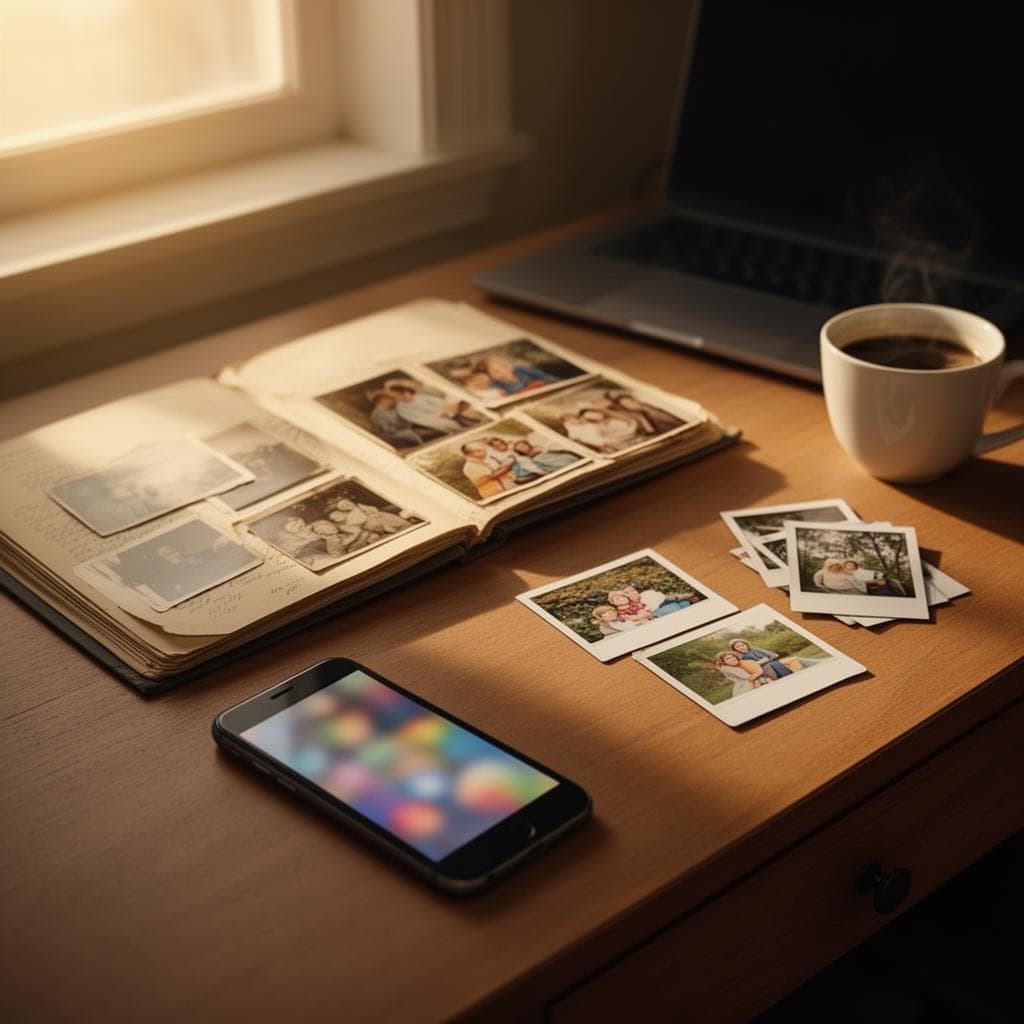 Mesa com celular, laptop e album de fotos impressas em luz natural quente, simbolizando memórias digitais e analógicas lado a lado.